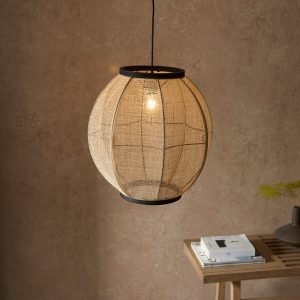 Zaire large pendant light with natural linen and bamboo shade in living room