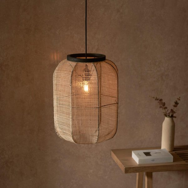 Zaire medium pendant light with natural linen and bamboo shade in country style room