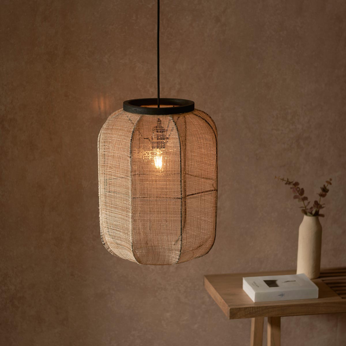 Zaire Medium Pendant Light Natural Linen & Bamboo