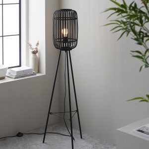 Mathias dark stained bamboo tripod floor lamp in living room