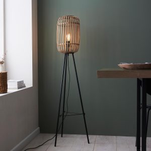 Mathias natural bamboo floor lamp in matt black in living room