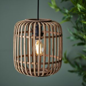 Mathias single light pendant with natural bamboo shade, main image in room