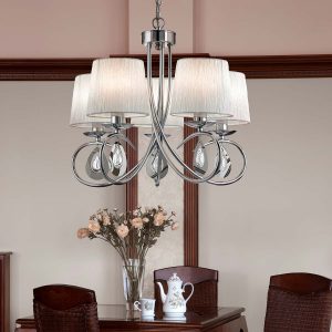 Angelique chrome 5 light chandelier installed over dining table