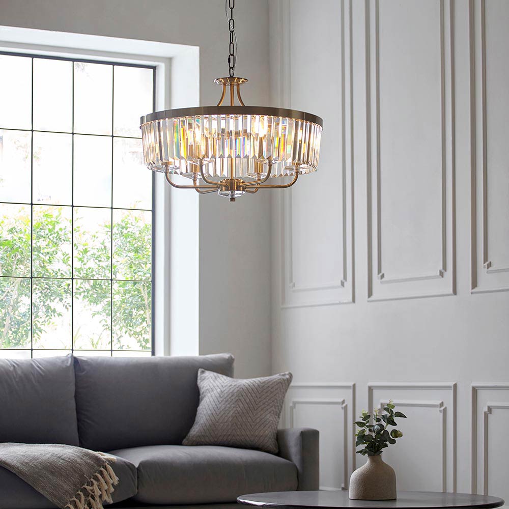 Round 6 Light Chandelier in Antique Brass with Cut Glass