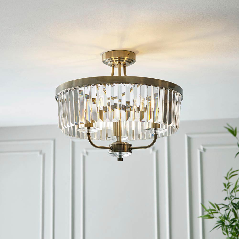 Round 3 Light Semi Flush in Antique Brass with Cut Glass