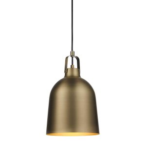 Lazenby single industrial pendant light in antique brass on white background