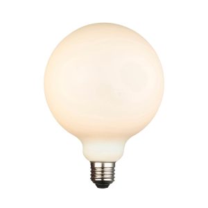 Opal white E27 12w LED 125mm globe light bulb on white background lit