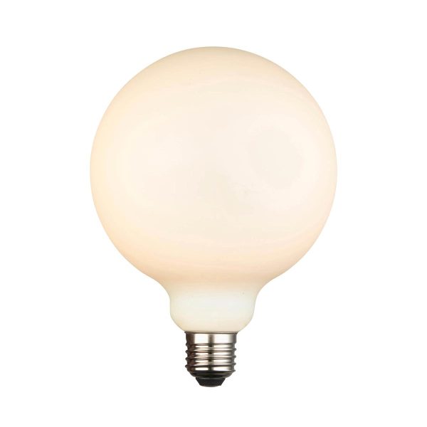 Opal white E27 12w LED 125mm globe light bulb on white background lit