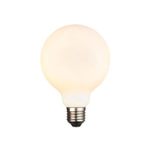 Opal white E27 12w LED 95mm globe light bulb on white background lit