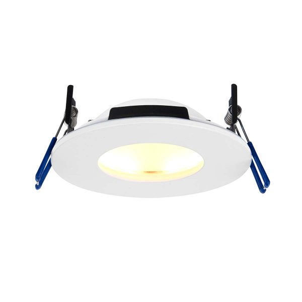 OrbitalPro 9w 4CCT bathroom shower light in matt white on white background lit