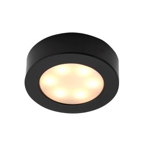 Hera round CCT LED under cabinet light in matt black shown lit