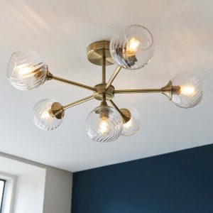 Allegra 6 light semi flush ceiling light in antique brass on room ceiling