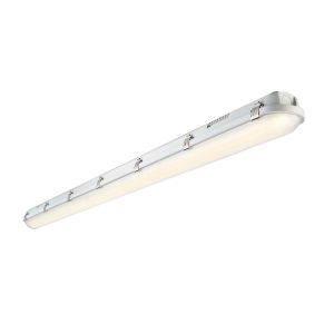 5ft 24W LED non corrosive batten in cool white and rated IP65 on white background lit