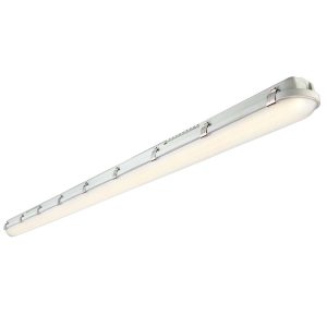 6ft 35W LED non corrosive batten in cool white and rated IP65 on white background lit