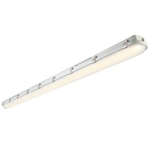 6ft 57W LED non corrosive batten in cool white with 7980 lumens on white background lit