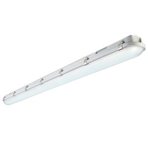 5ft 50W LED non corrosive batten in daylight white with 7000 lumens on white background lit