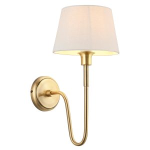Rouen antique brass wall light with ivory shade on white background lit