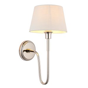Rouen polished nickel wall light with ivory shade on white background lit