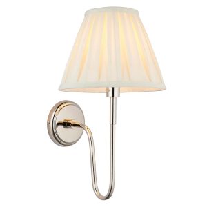Rouen polished nickel wall light with cream pleated shade on white background lit