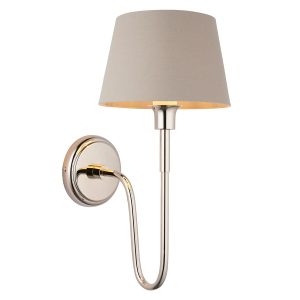 Rouen polished nickel wall light with grey shade on white background lit
