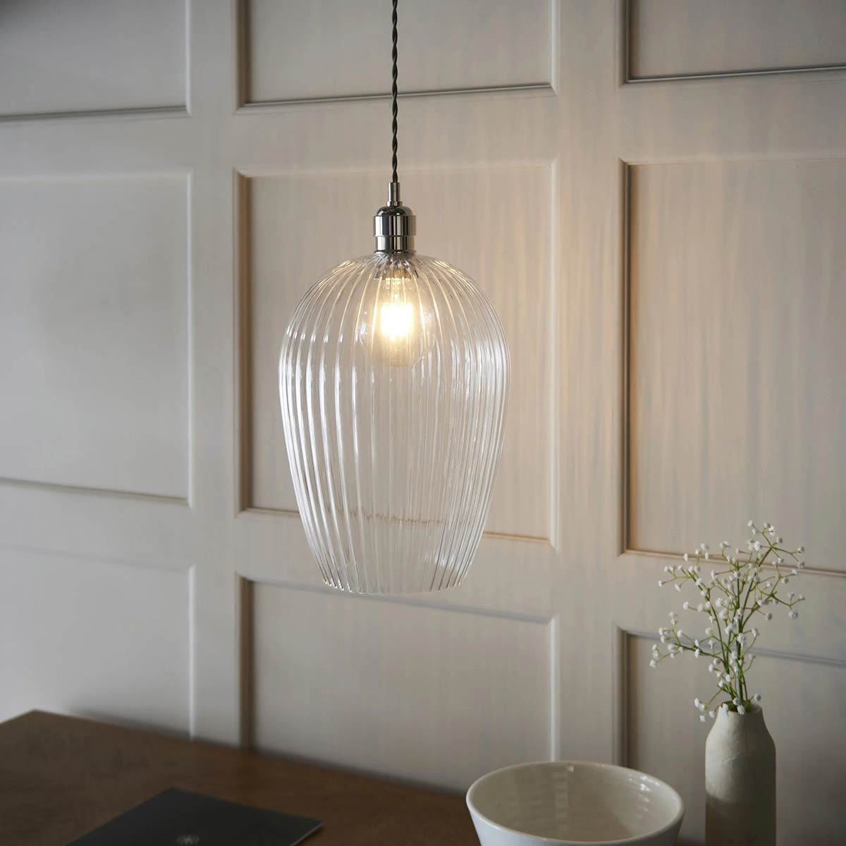 Large Ribbed Glass Kitchen Pendant in Polished Nickel
