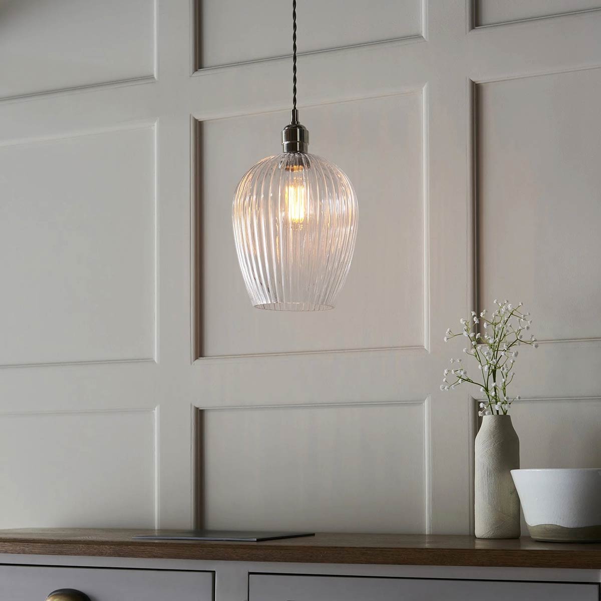 Small Ribbed Glass Kitchen Pendant in Polished Nickel
