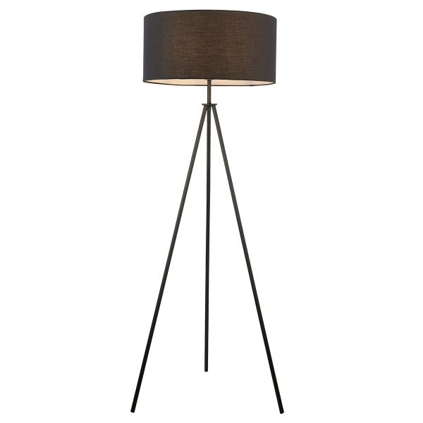 Matt black Tripod floor lamp base with black cotton shade on white background lit