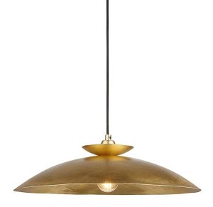 Handmade hammered metal shade kitchen pendant in plated brass, half height on white background.