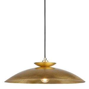 Handmade hammered metal shade kitchen pendant in plated brass, half height on white background.