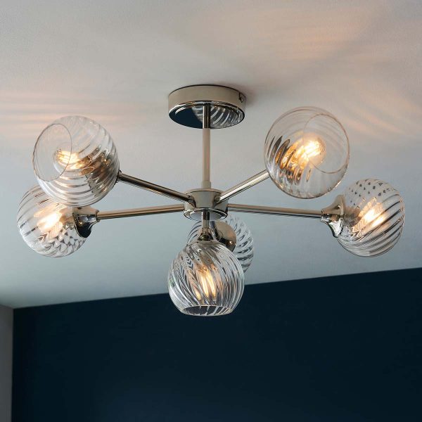 Allegra 6 light semi flush ceiling light in polished nickel on room ceiling