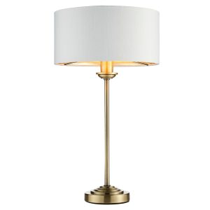 Highclere 1 light table lamp in antique brass with white shade on white background