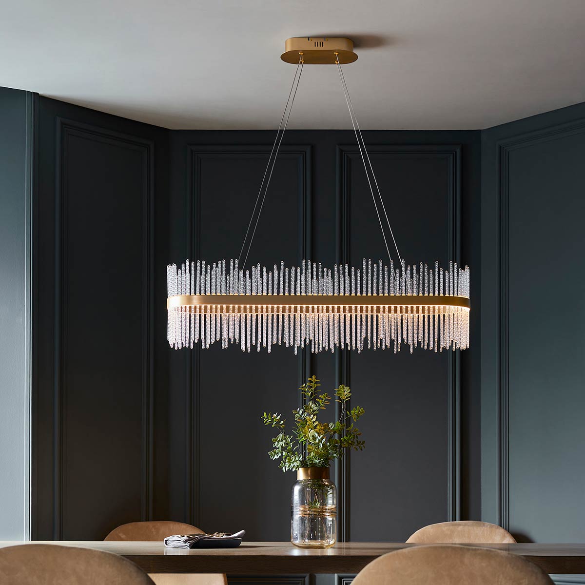 Dimmable Matt Gold LED Linear Pendant with Twisted Glass Rods