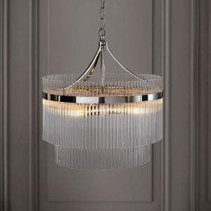 Marietta 5 light polished nickel pendant chandelier with clear glass rods in panelled room