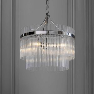 Marietta 3 light polished nickel pendant chandelier with clear glass rods in panelled room