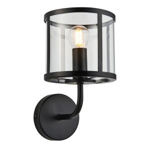 Hopton single wall light in matt black with clear glass shade on white background lit