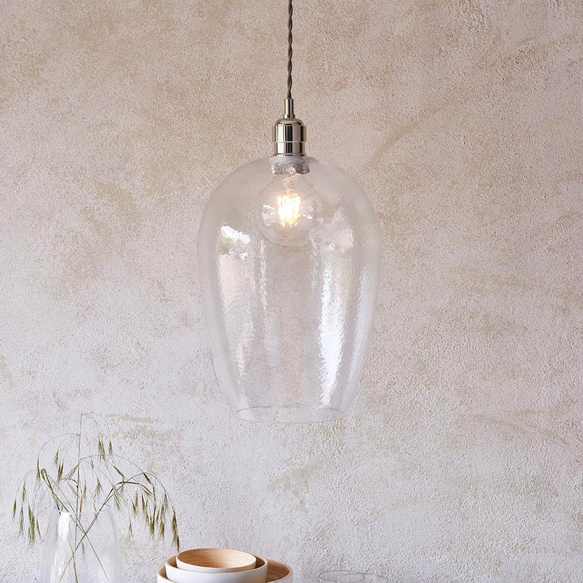 Large Hammered Glass Kitchen Pendant in Polished Nickel