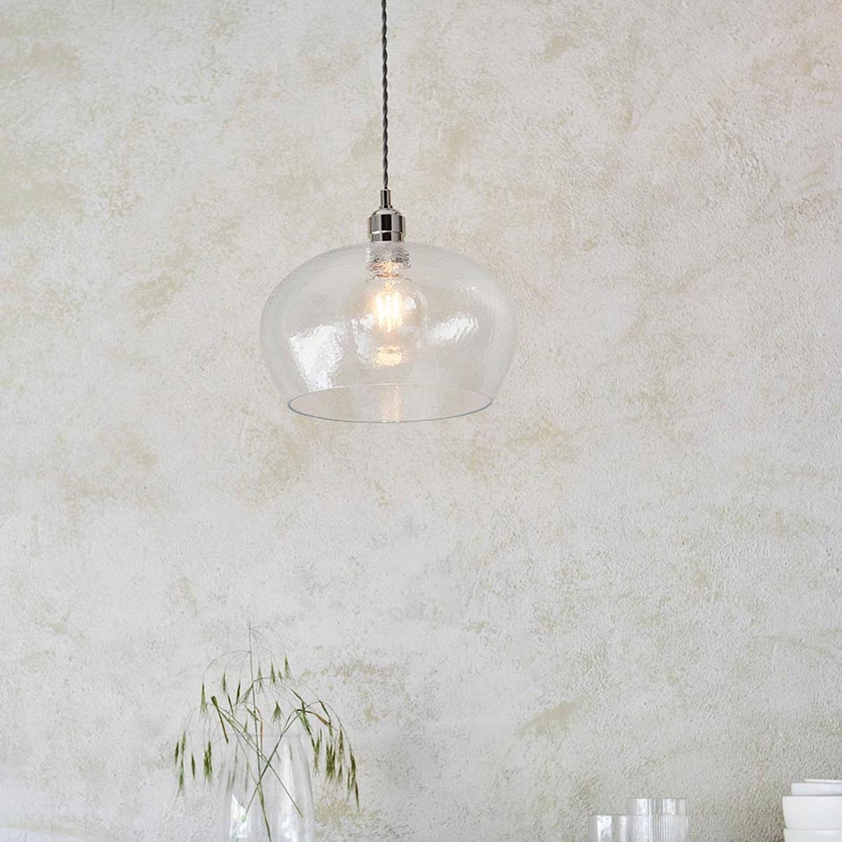 Medium Hammered Glass Kitchen Pendant in Polished Nickel