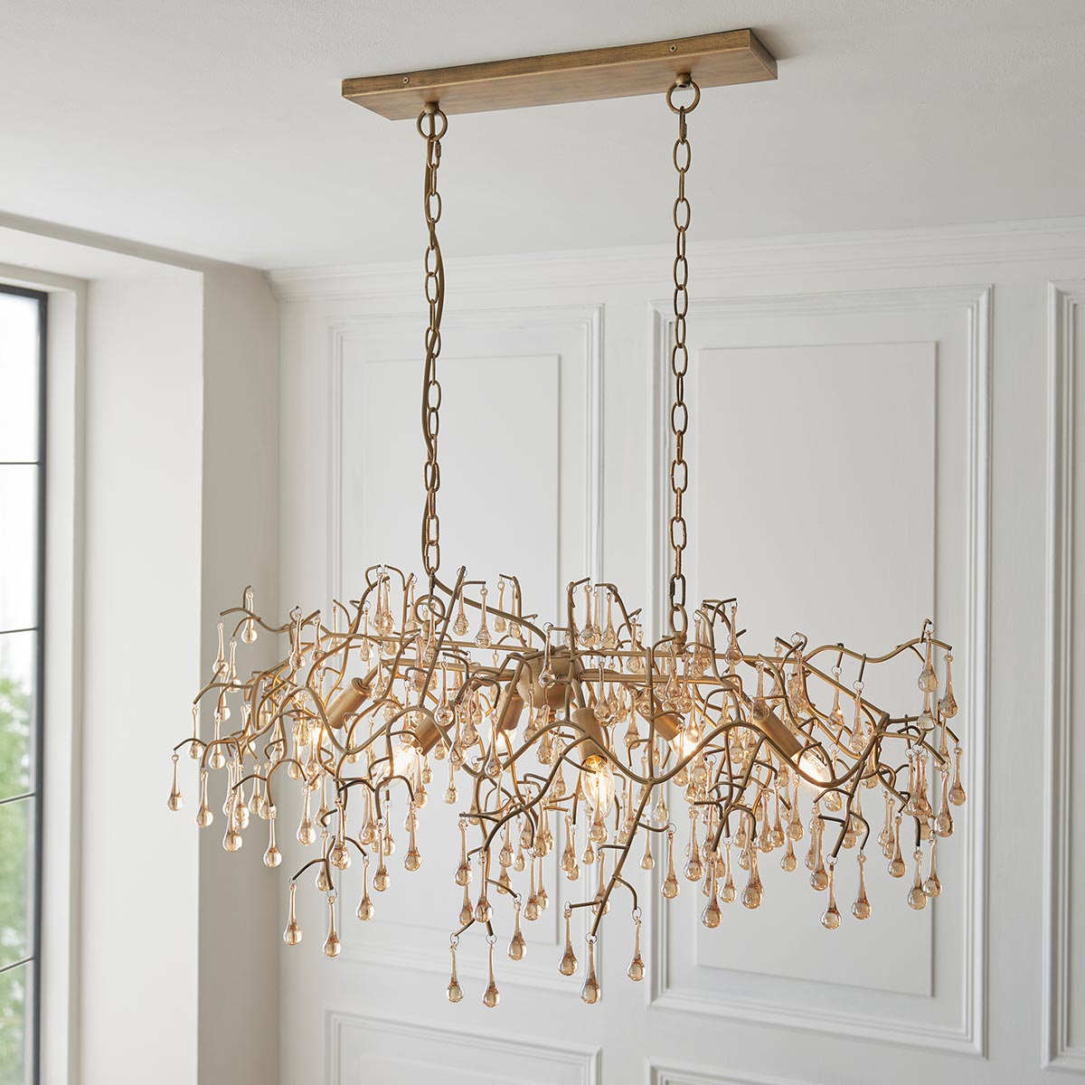 Branch Aged Gold 6 Light Linear Chandelier Champagne Glass