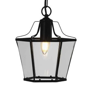 Dulverton 1 light hanging lantern in classic black shown lit on white background