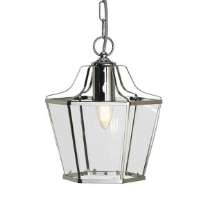 Dulverton 1 light hanging lantern in polished chrome shown lit on white background