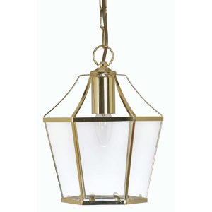 Dulverton 1 light hanging lantern in polished brass shown lit on white background