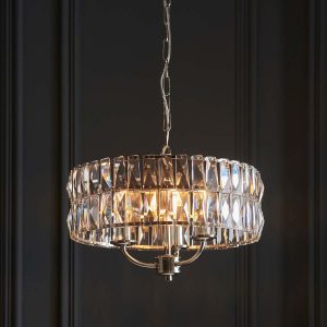 Clifton 3 light pendant in polished nickel in grey panelled room
