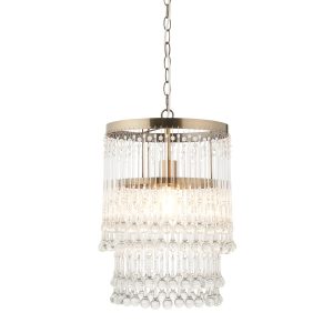 Genevieve 1 light pendant in an antique brass finish with clear glass drops on white background, lit.