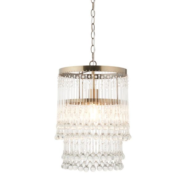 Genevieve 1 light pendant in an antique brass finish with clear glass drops on white background, lit.