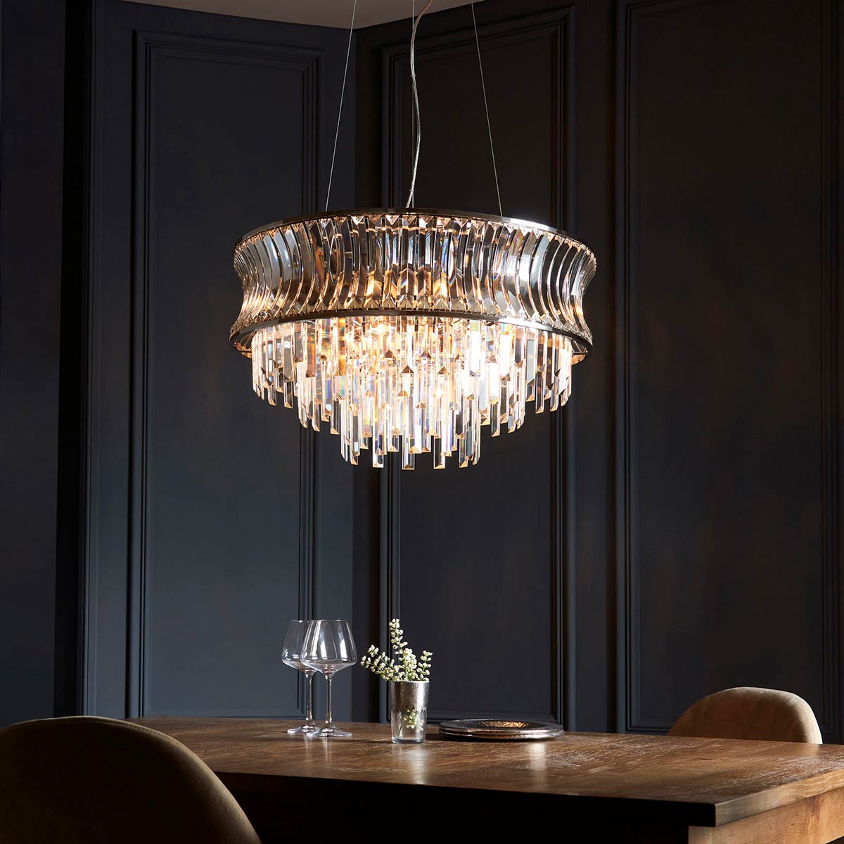 Polished Nickel 9 Light Pendant with Crystal and Clear Glass