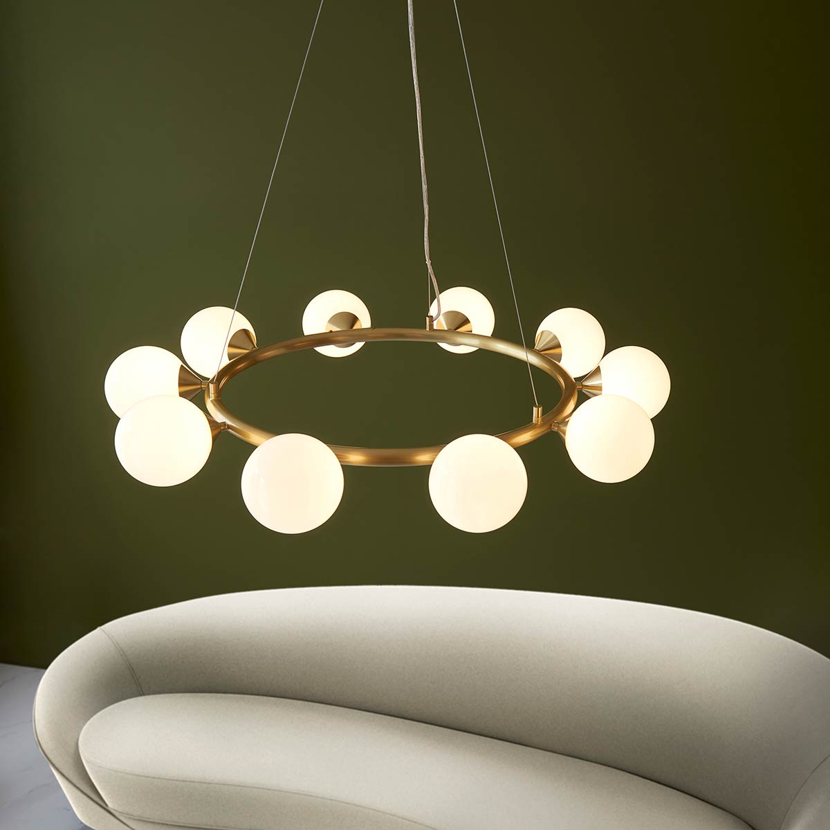 Large Modern Round 10 Light Pendant in Satin Brass with Opal Glass