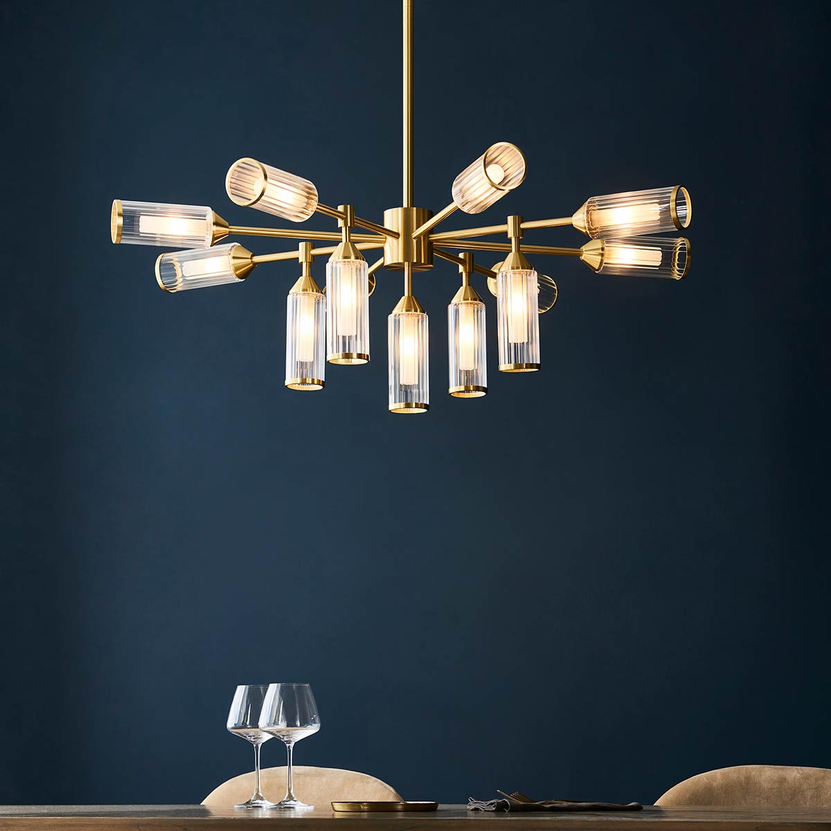 Large Satin Brass 13 Light Chandelier with Ribbed / Frosted Glass