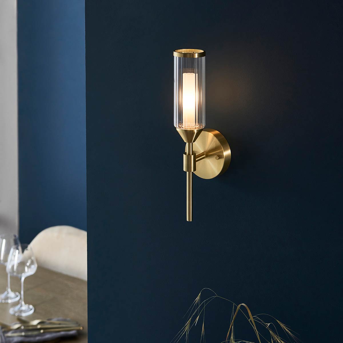Satin Brass Single Wall Light with Ribbed & Frosted Glass