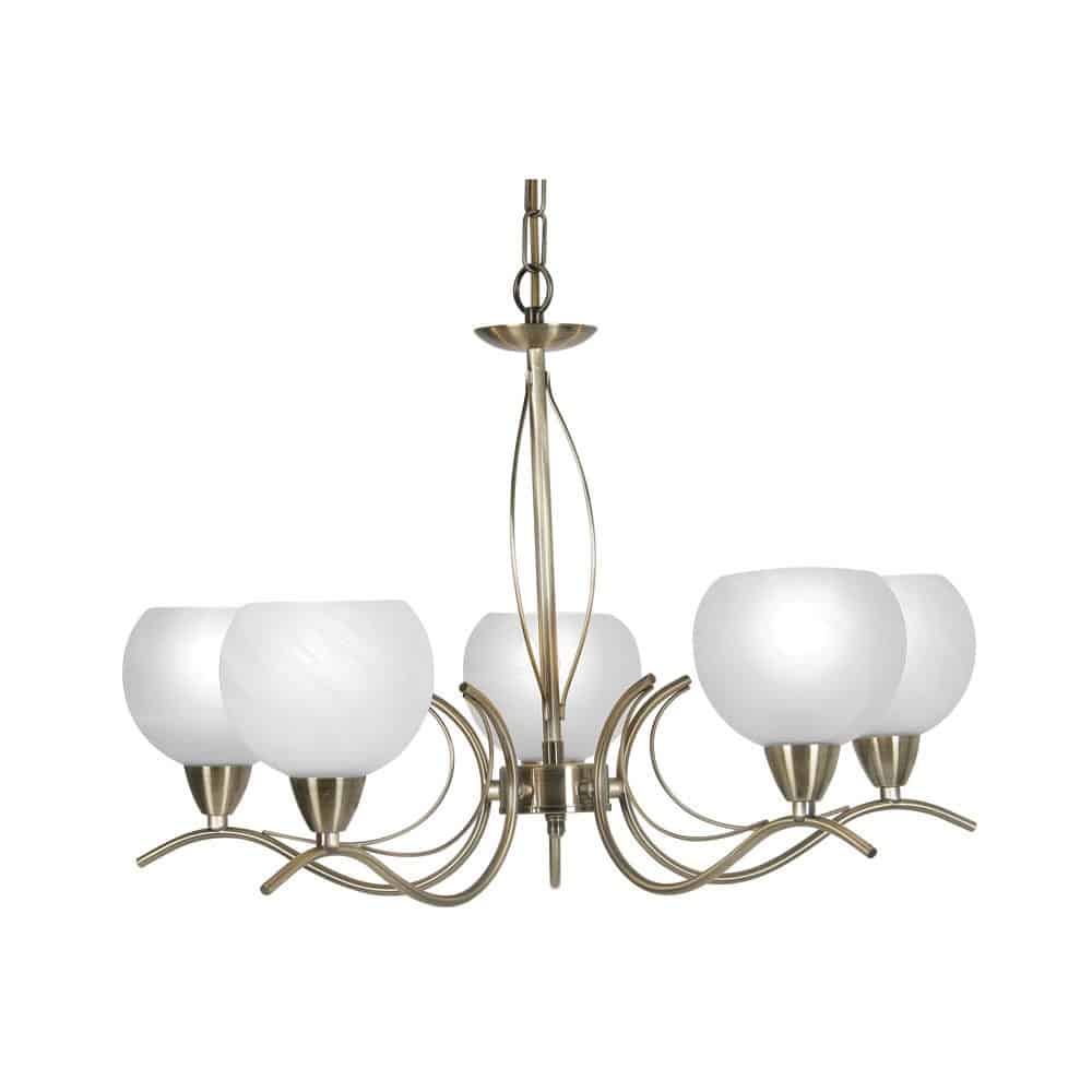 Luanda Elegant 5 Light Chandelier Antique Brass Opal Glass