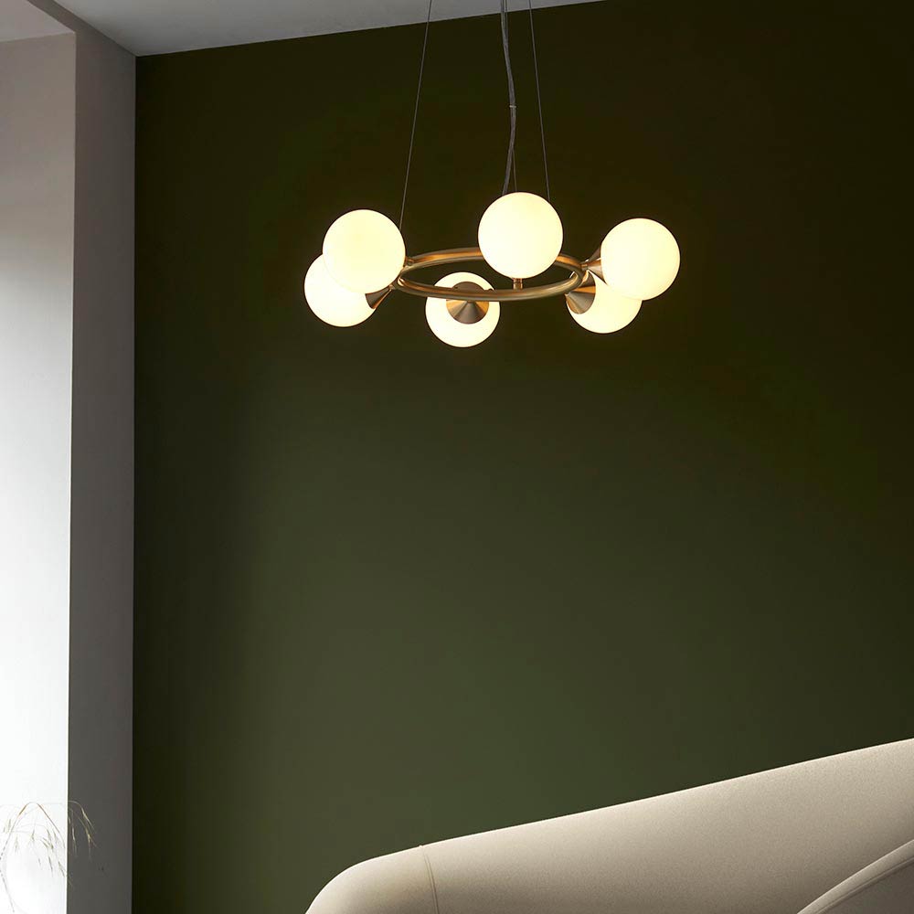 Modern Round 6 Light Pendant in Satin Brass with Opal Glass